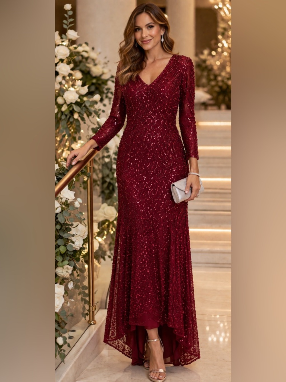 Adrianna Papell Long Sleeve V-neck beaded evening long gown